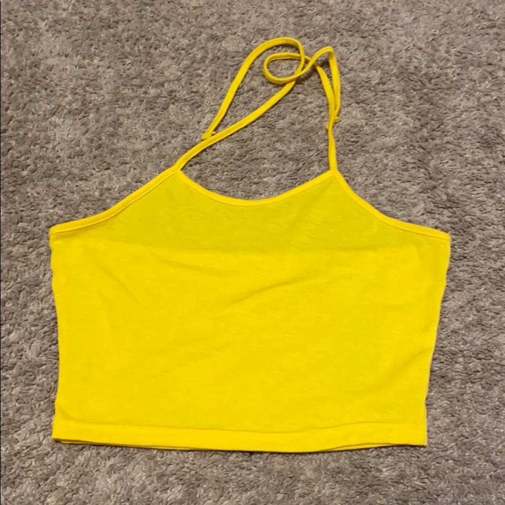 yellow crop top. ties around neck